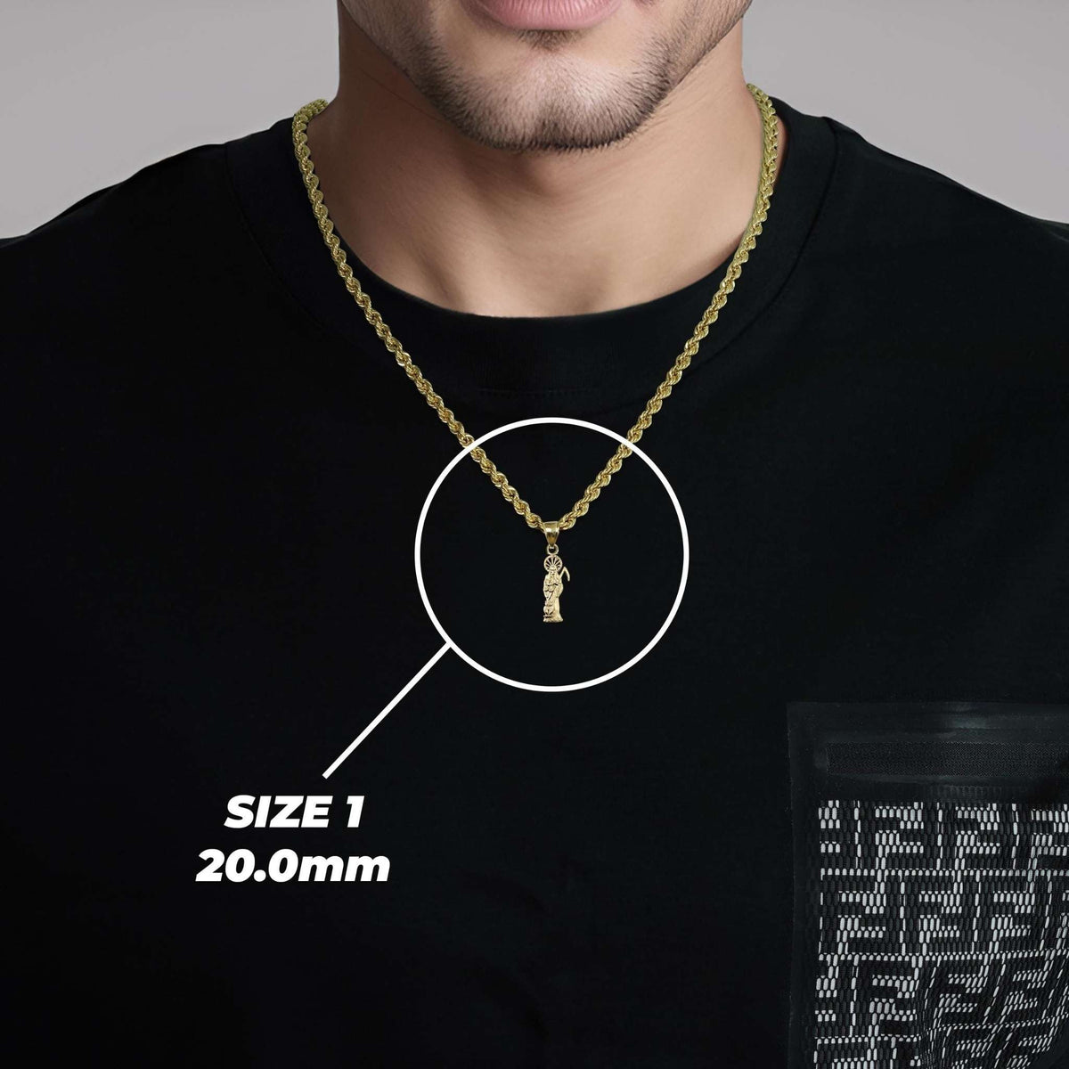 Model wearing Size 1 20mm 10k yellow gold Santa Muerte grim reaper owl pendant necklace.