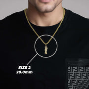 Model wearing Size 2 28mm 10k yellow gold Santa Muerte grim reaper owl pendant necklace.