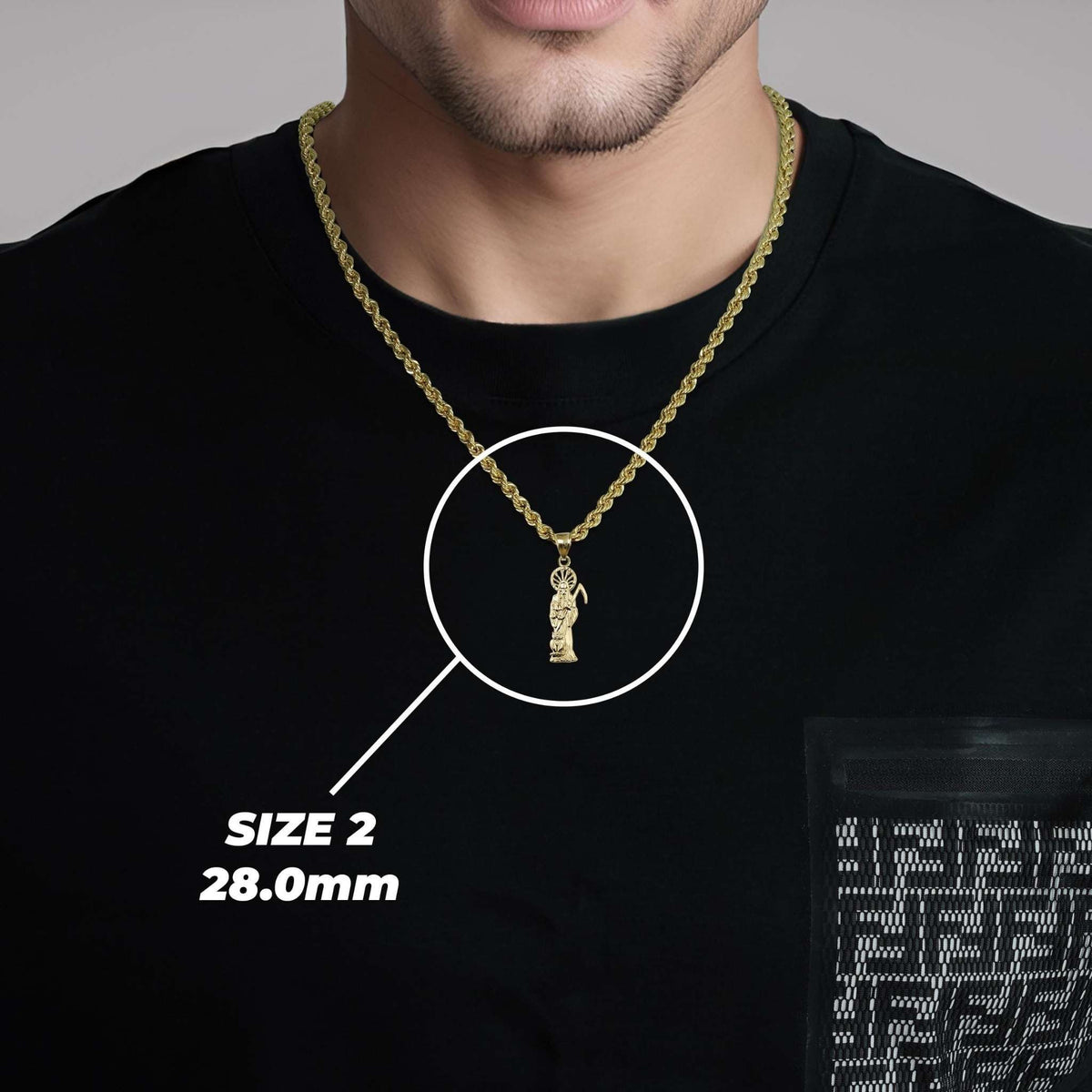 Model wearing Size 2 28mm 10k yellow gold Santa Muerte grim reaper owl pendant necklace.