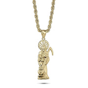 Yellow gold Santa Muerte pendant with scythe and owl attached to a twisted rope chain.