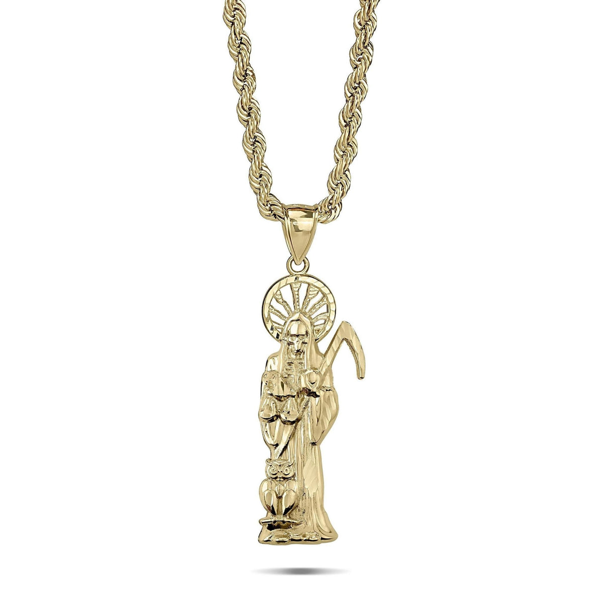 Yellow gold Santa Muerte pendant with scythe and owl attached to a twisted rope chain.