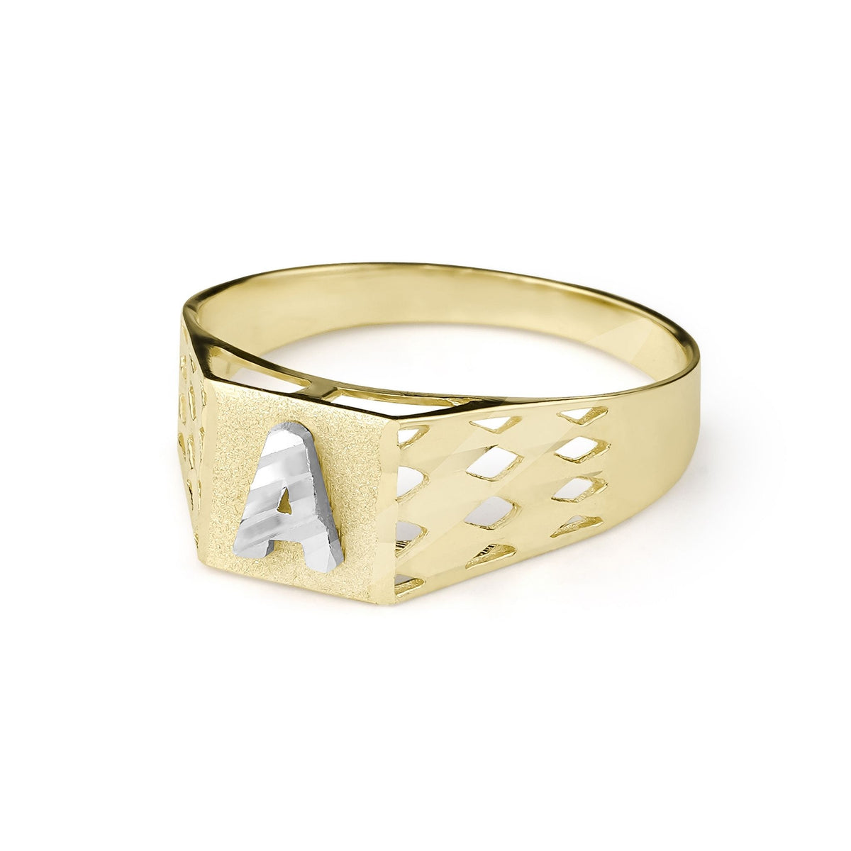 Side view of 10k gold signet ring with diamond-cut letter A and patterned band.