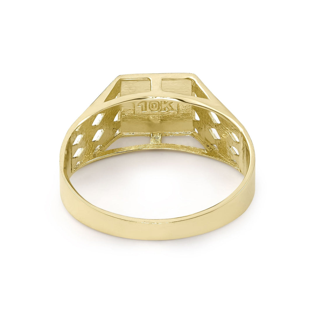 Gold square initial ring underside view highlighting the openwork band and metal stamp.