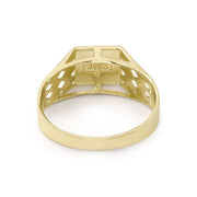 Gold square initial ring underside view highlighting the openwork band and metal stamp.