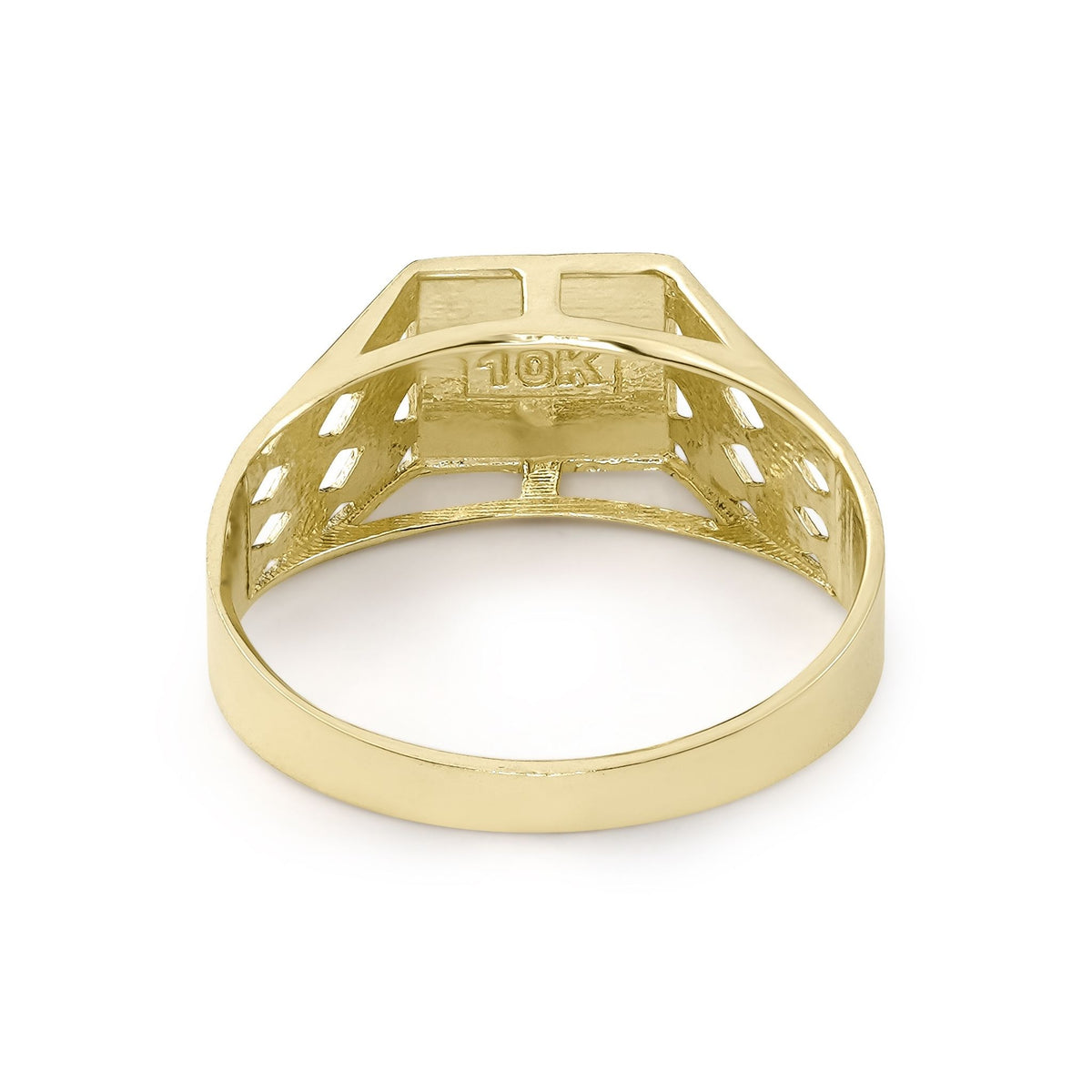 Gold square initial ring underside view highlighting the openwork band and metal stamp.