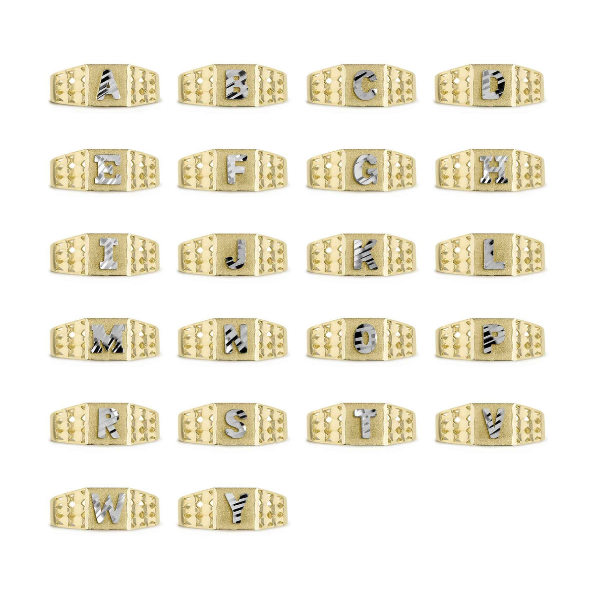 Chart featuring the A to Z collection of men's gold initial rings with patterned bands.