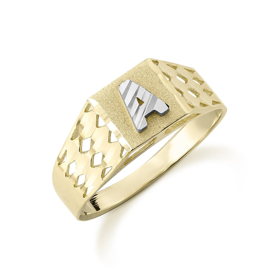 Gold initial ring featuring a textured white gold letter A and cut-out band.
