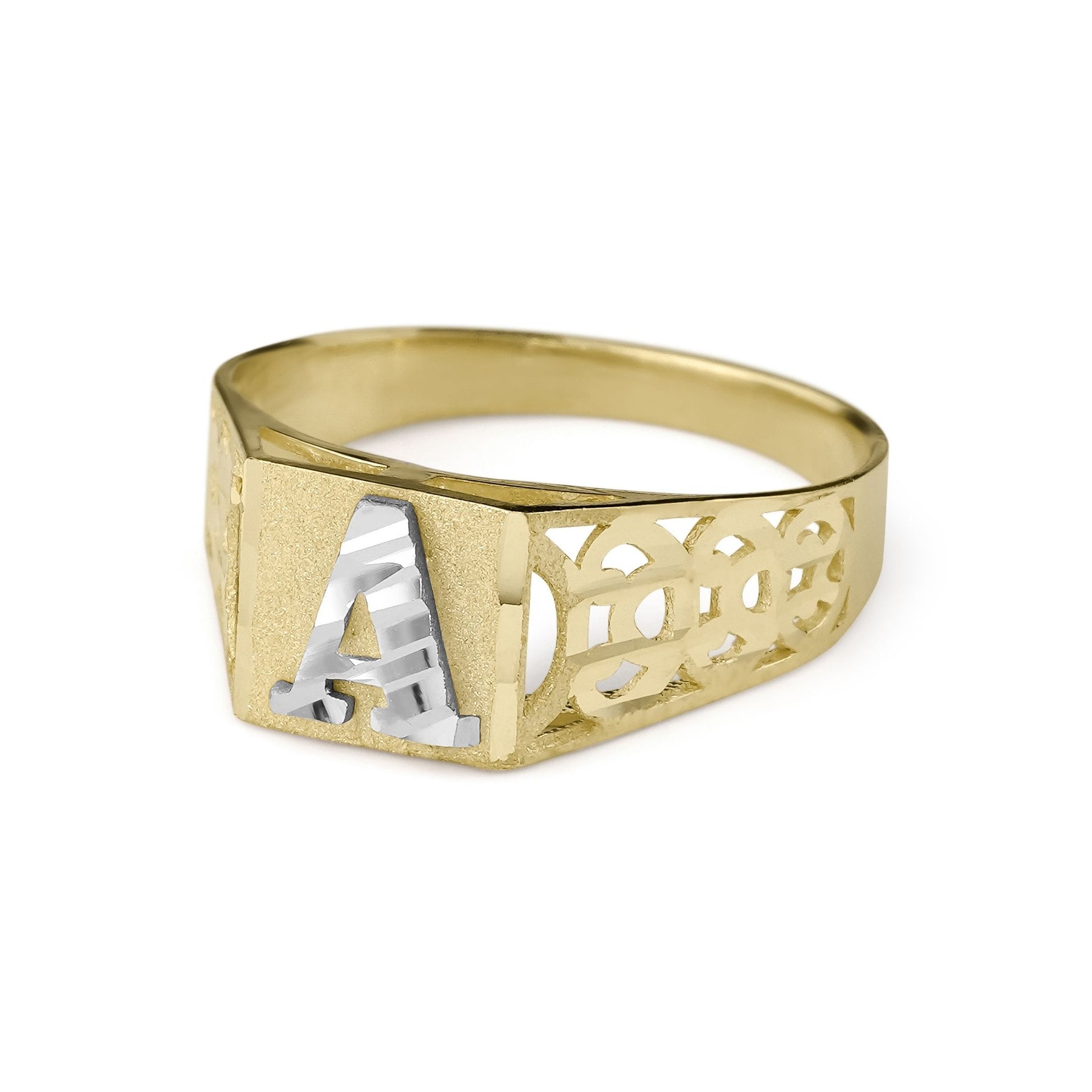 Profile shot of an 8.0mm gold square initial ring highlighting the textured band.