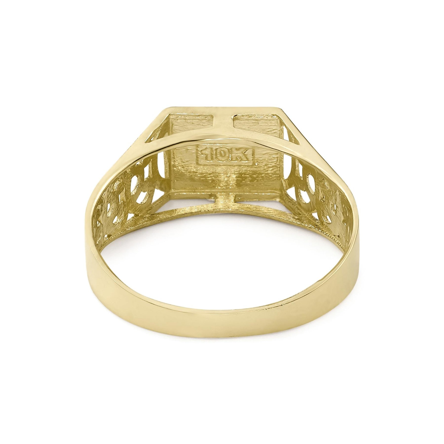 Interior of an 8.0mm gold initial ring displaying the hollow back and engraving