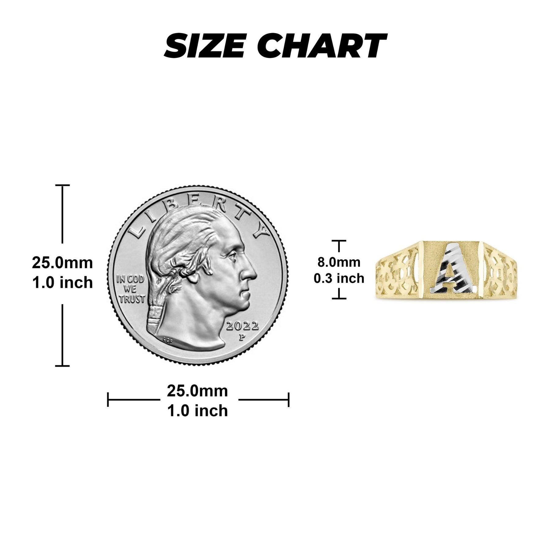 Ring size chart comparing a US quarter to an 8.0mm gold signet ring.