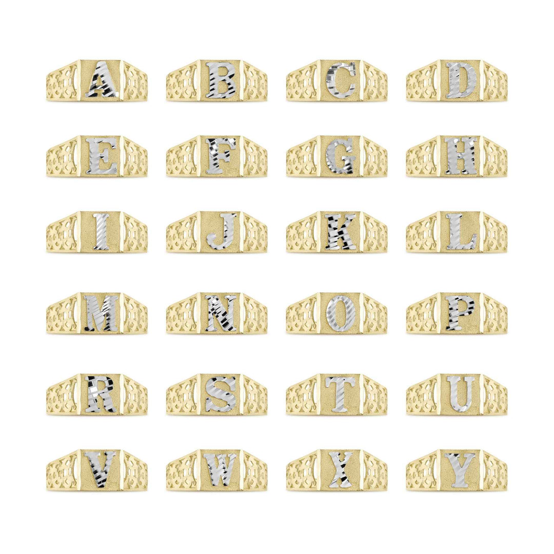 Grid display of 10k two-tone gold initial rings showing the entire alphabet from A to Y