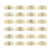 Grid display of 10k two-tone gold initial rings showing the entire alphabet from A to Y