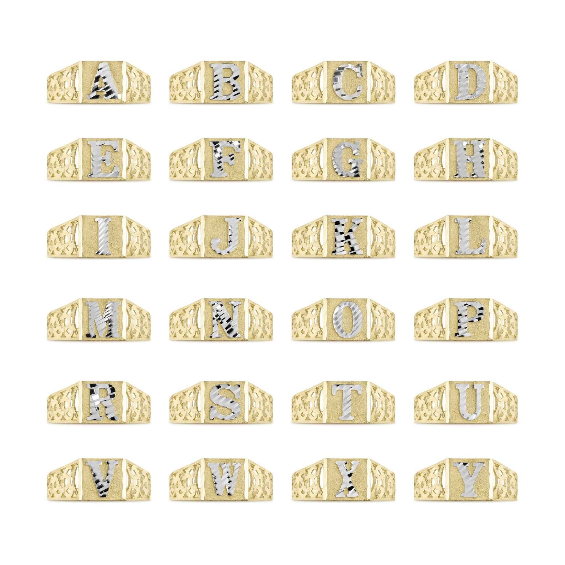 Grid display of 10k two-tone gold initial rings showing the entire alphabet from A to Y