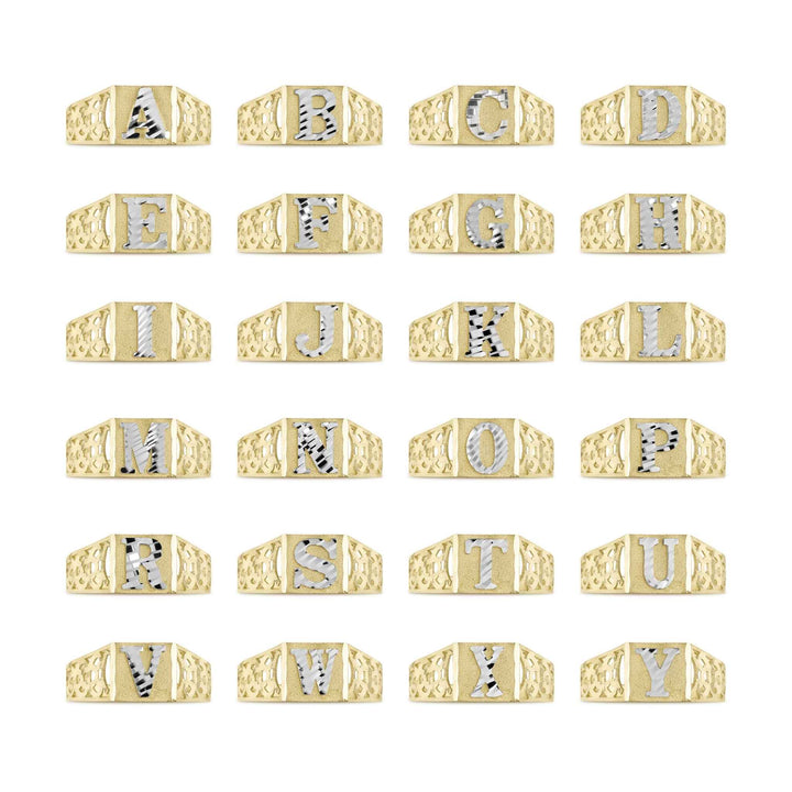 Grid display of 10k two-tone gold initial rings showing the entire alphabet from A to Y