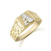 8.0mm two-tone 10k gold signet ring highlighting intricate patterned band details.