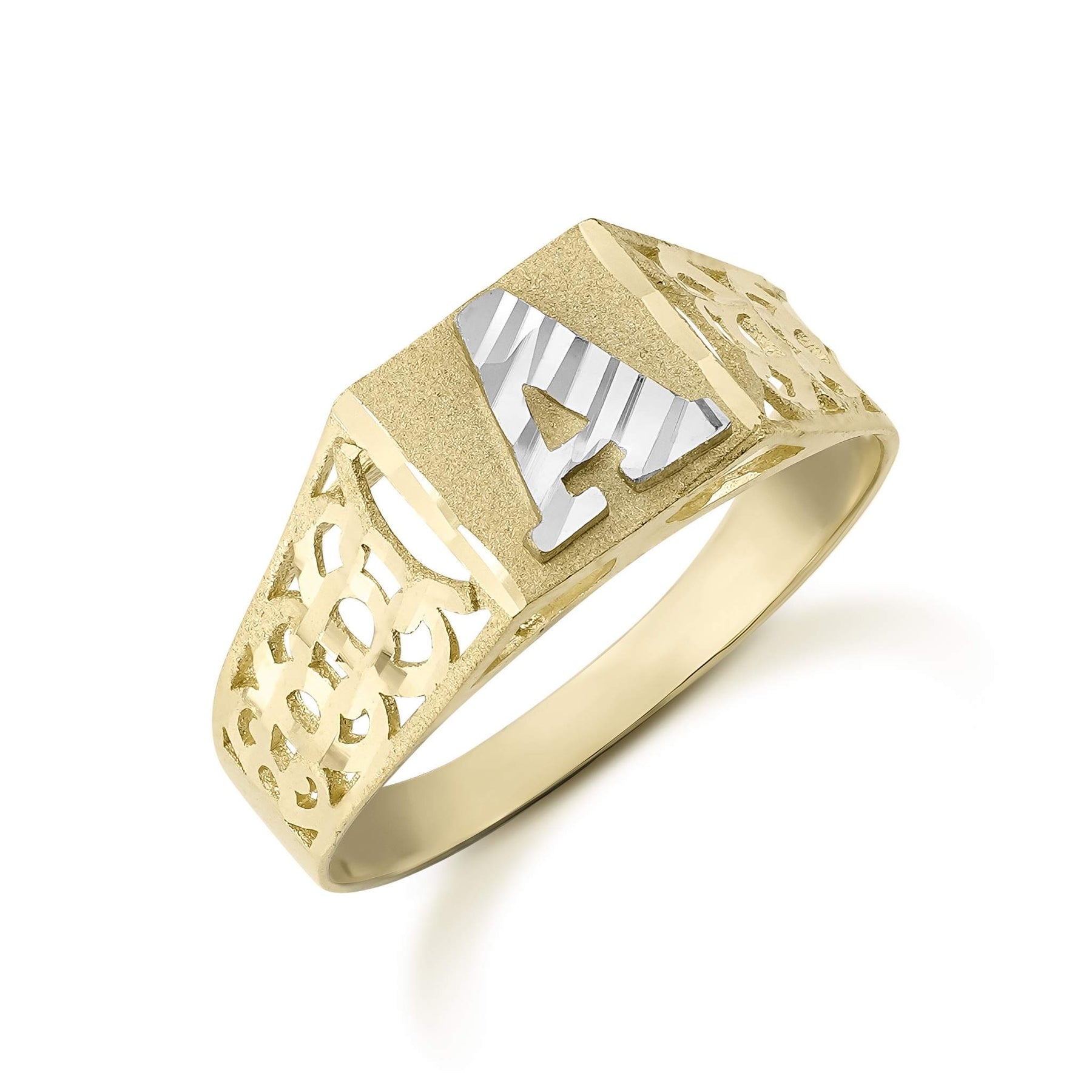 8.0mm two-tone 10k gold signet ring highlighting intricate patterned band details.
