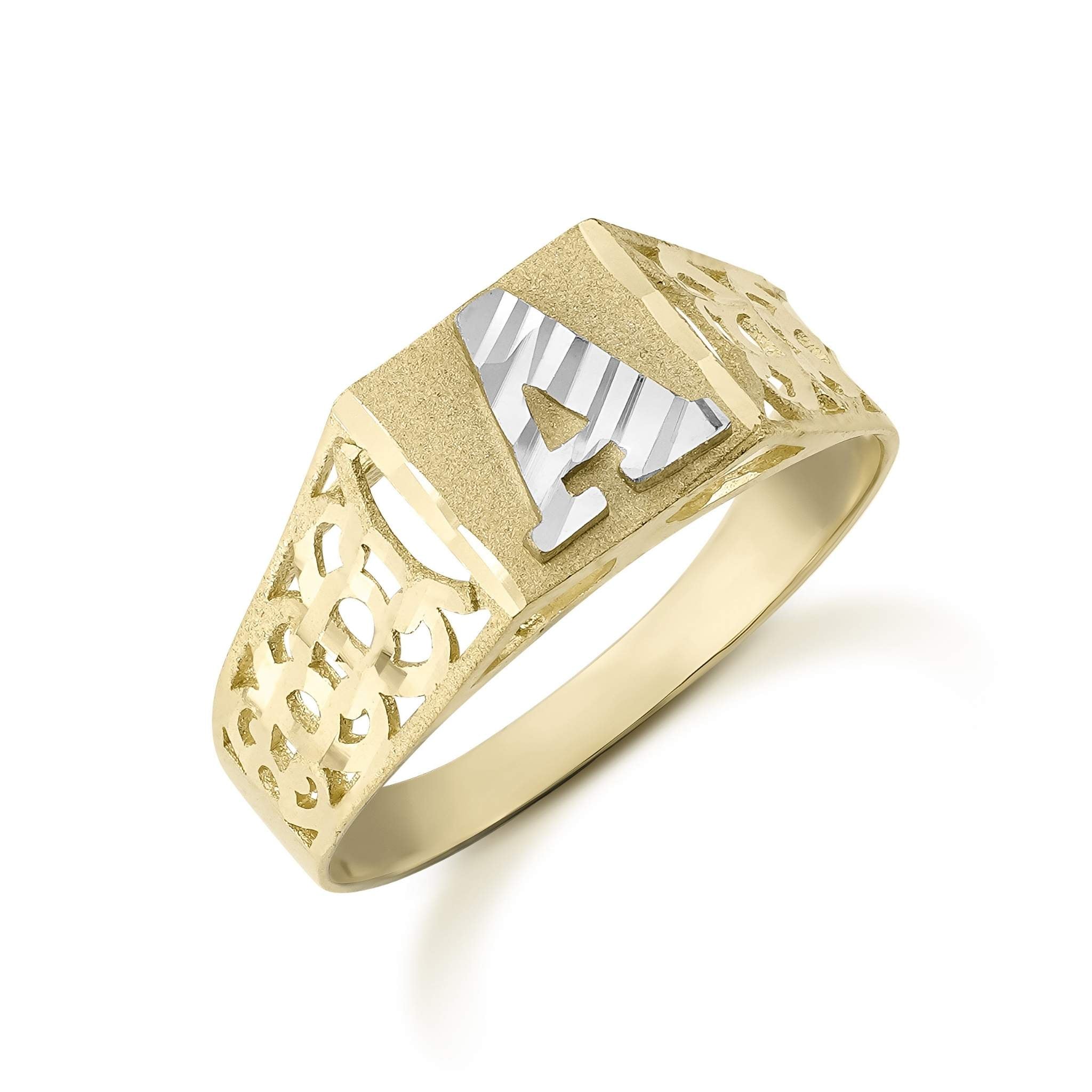 8.0mm two-tone 10k gold signet ring highlighting intricate patterned band details.