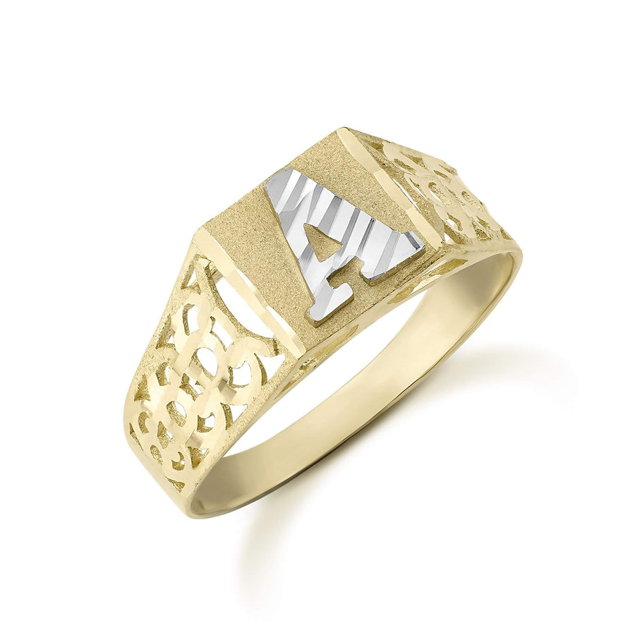 8.0mm two-tone 10k gold signet ring highlighting intricate patterned band details.