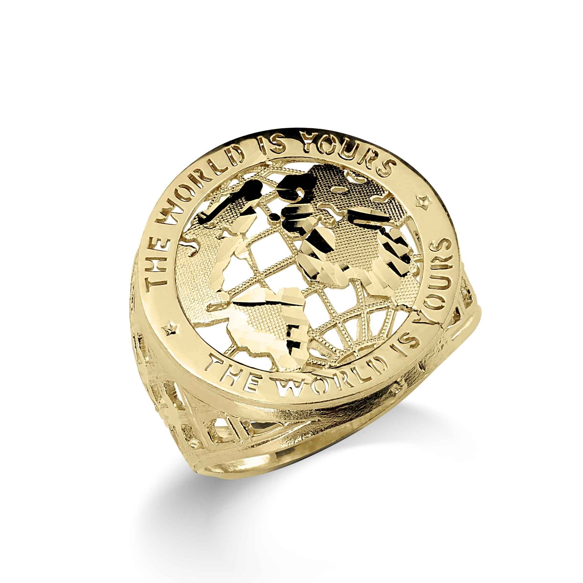10k gold Classic World Is Yours round ring for men on white background.