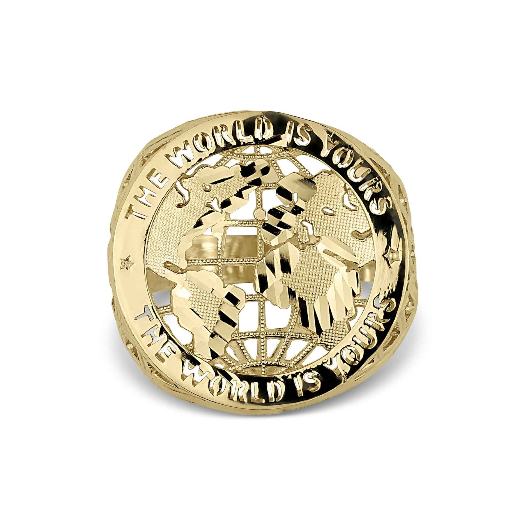 Close-up of a 10k gold round ring head with "The World Is Yours" text.