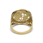 Rear view of a gold round signet ring showing the hollow, cut-out globe design.