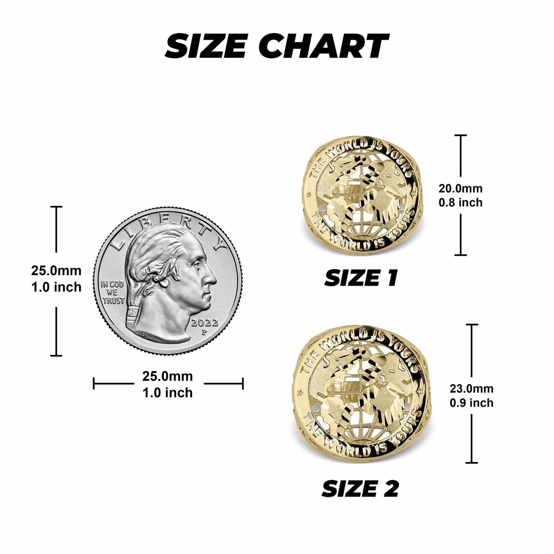 10k gold Classic World Is Yours round ring size chart with millimeter dimensions.
