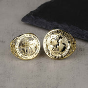 Two 10k gold round signet rings with "The World Is Yours" text and globe design.