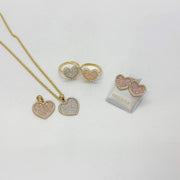 Matching gold heart jewelry set with necklace, rings, and earrings in pink and white CZ.