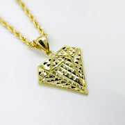 Angled view of 10k gold diamond-shaped diamond-cut pendant necklace.