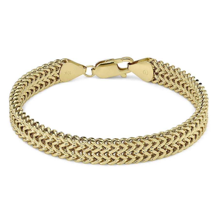 10k yellow gold double Franco link bracelet displayed in an oval shape.