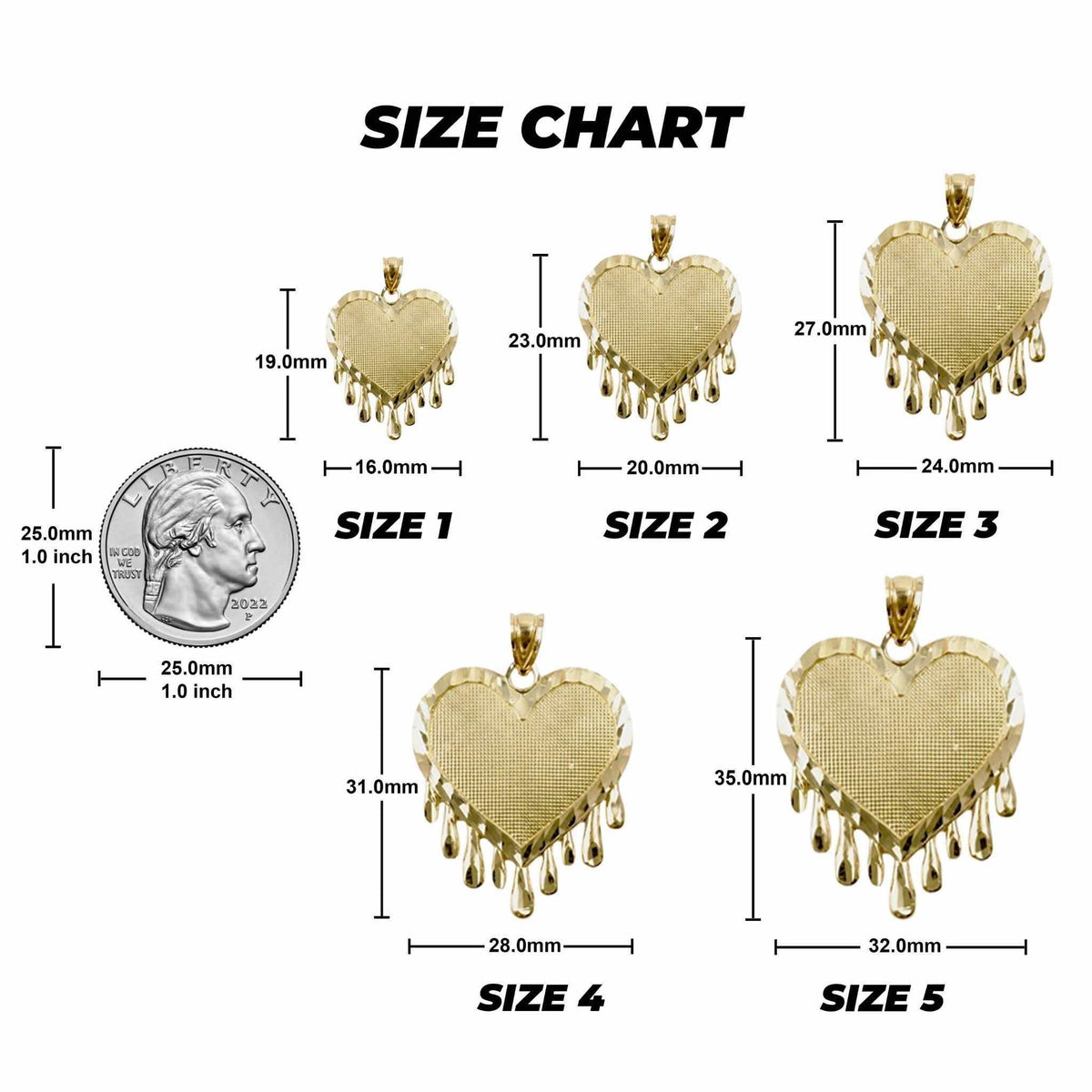 Size chart showing five 10k gold dripping heart pendants with millimeter measurements and quarter.