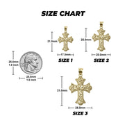 Size chart showing three gold cross pendant dimensions alongside a quarter coin for scale.