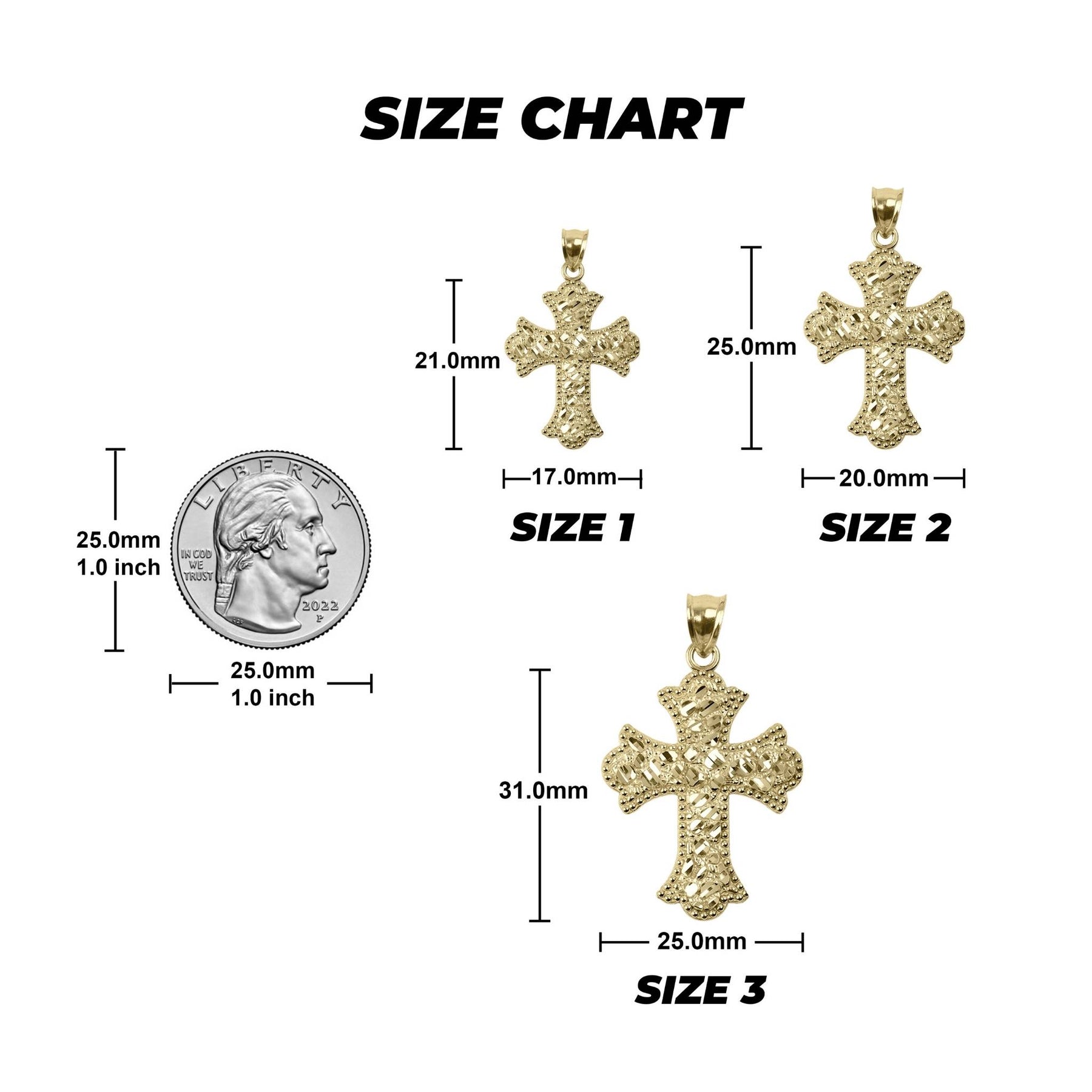 Size chart showing three gold cross pendant dimensions alongside a quarter coin for scale.