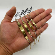 Hand holding four 10k gold Figaro link ID bracelets labeled 3.5mm to 7.0mm
