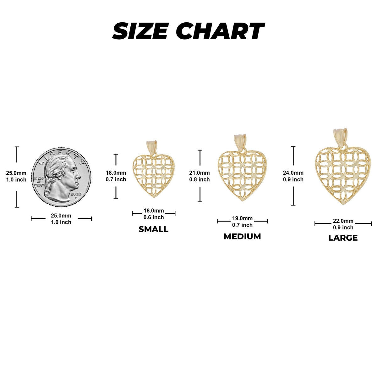 Size chart graphic comparing Small, Medium, and Large filigree heart pendants with a quarter.