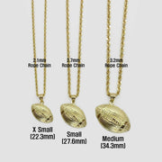 Three 10k gold football pendant necklaces shown side by side in different sizes.