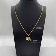 Gold football helmet pendant on 2.5mm rope chain displayed on a black mannequin