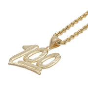 10k yellow gold "100" pendant necklace suspended on a matching rope chain.