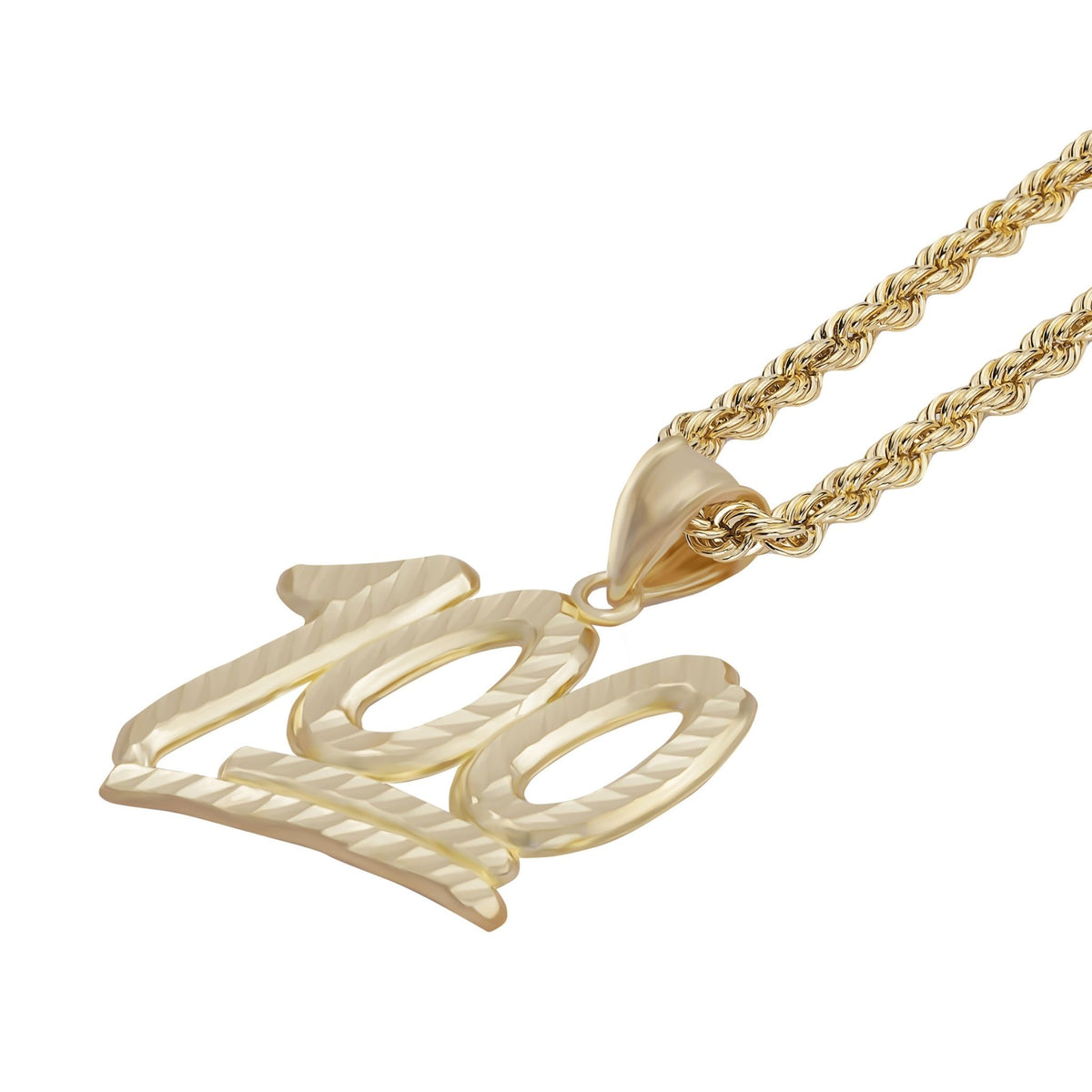 10k yellow gold "100" pendant necklace suspended on a matching rope chain.