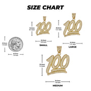 Size chart comparing three "100" pendant sizes with a US quarter on a white background.
