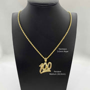 Gold 100 emoji pendant on rope chain displayed on black jewelry mannequin bust.