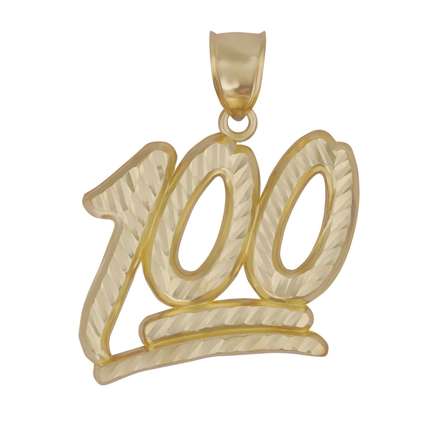 10k yellow gold "100" emoji diamond-cut pendant on a white background.