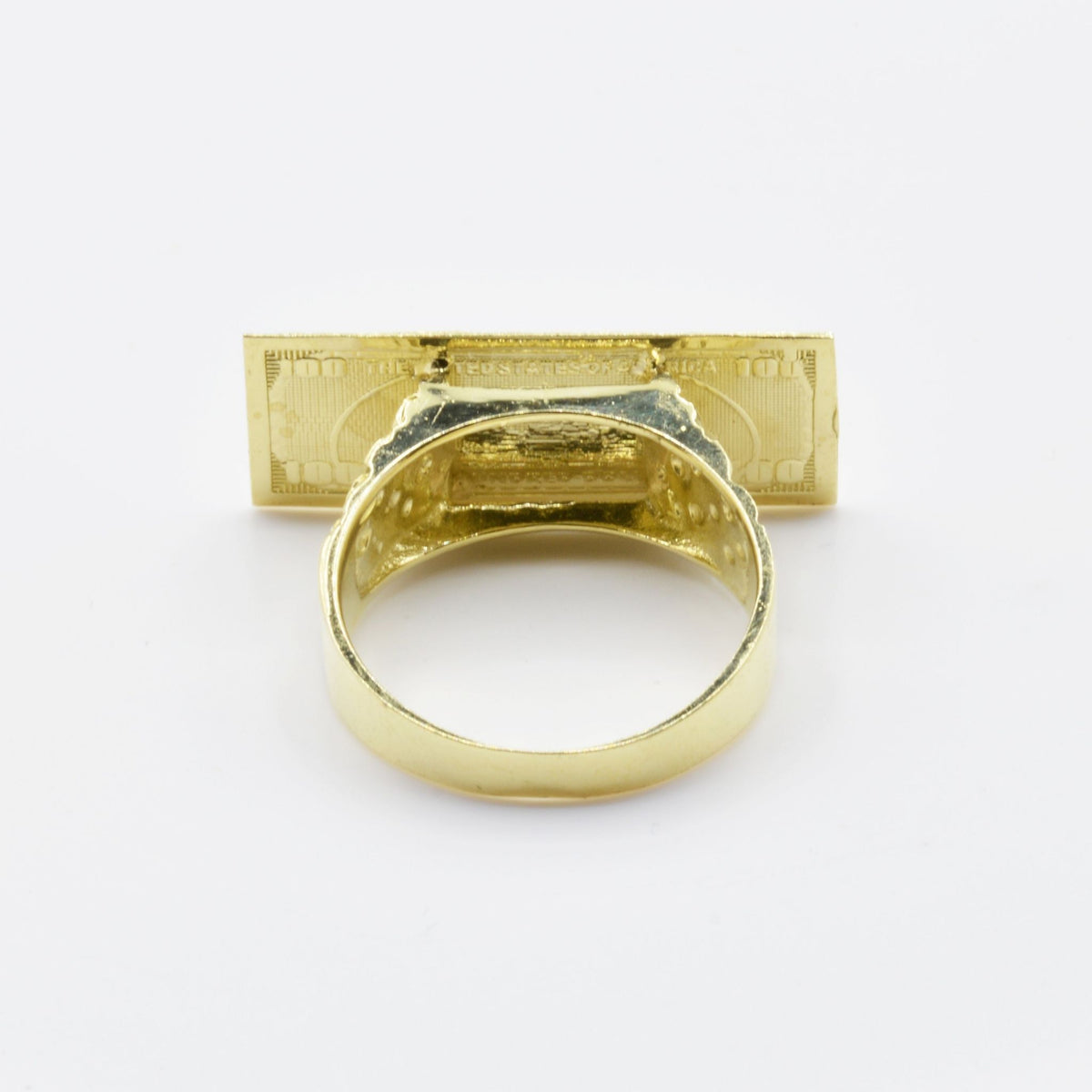 10k Gold ring Hundred Dollar Bill on a white background.