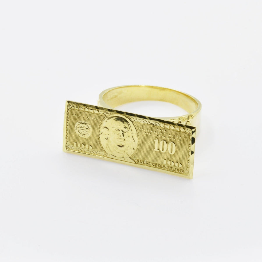 10k Gold ring designed like a one hundred dollar bill on a white background