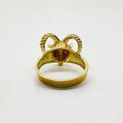 14k Gold ring with Bighorn Sheep Red Eye design back view 