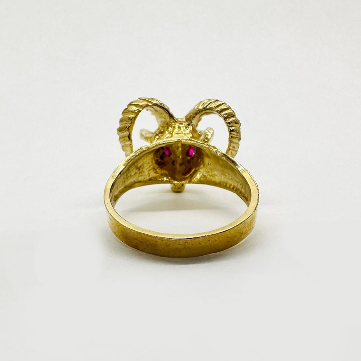 14k Gold ring with Bighorn Sheep Red Eye design back view 
