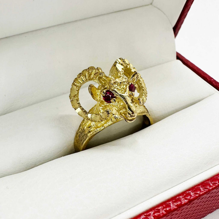 10k Gold ring with Bighorn Sheep Red Eye design in a white jewelry box