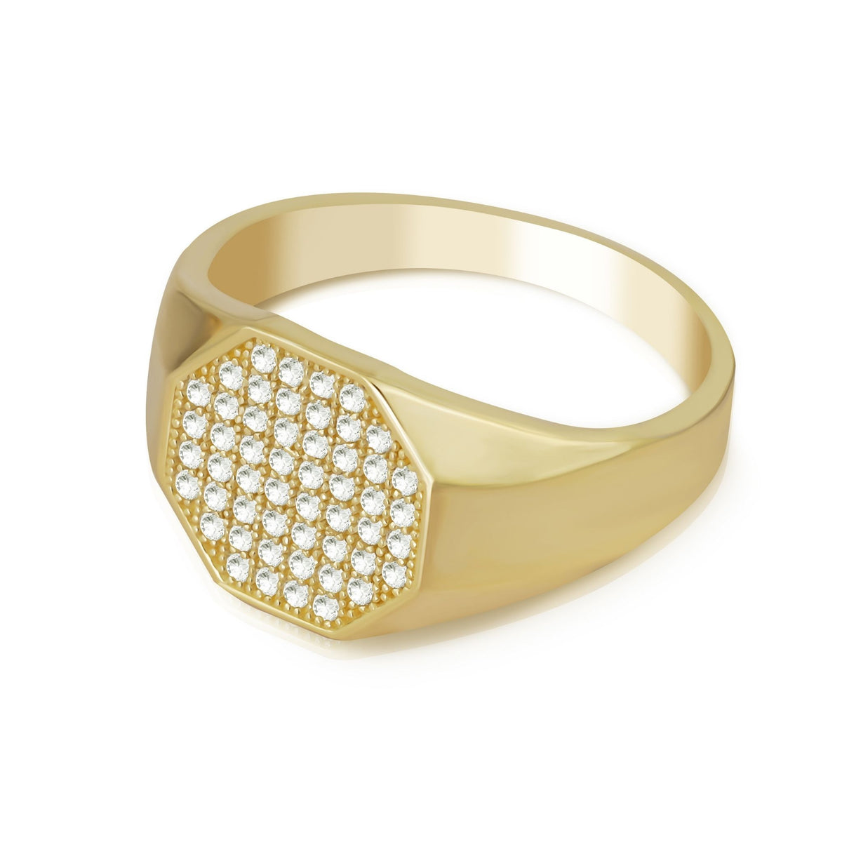 Polished yellow gold hexagon signet ring showcasing shimmering round-cut cubic zirconia stones