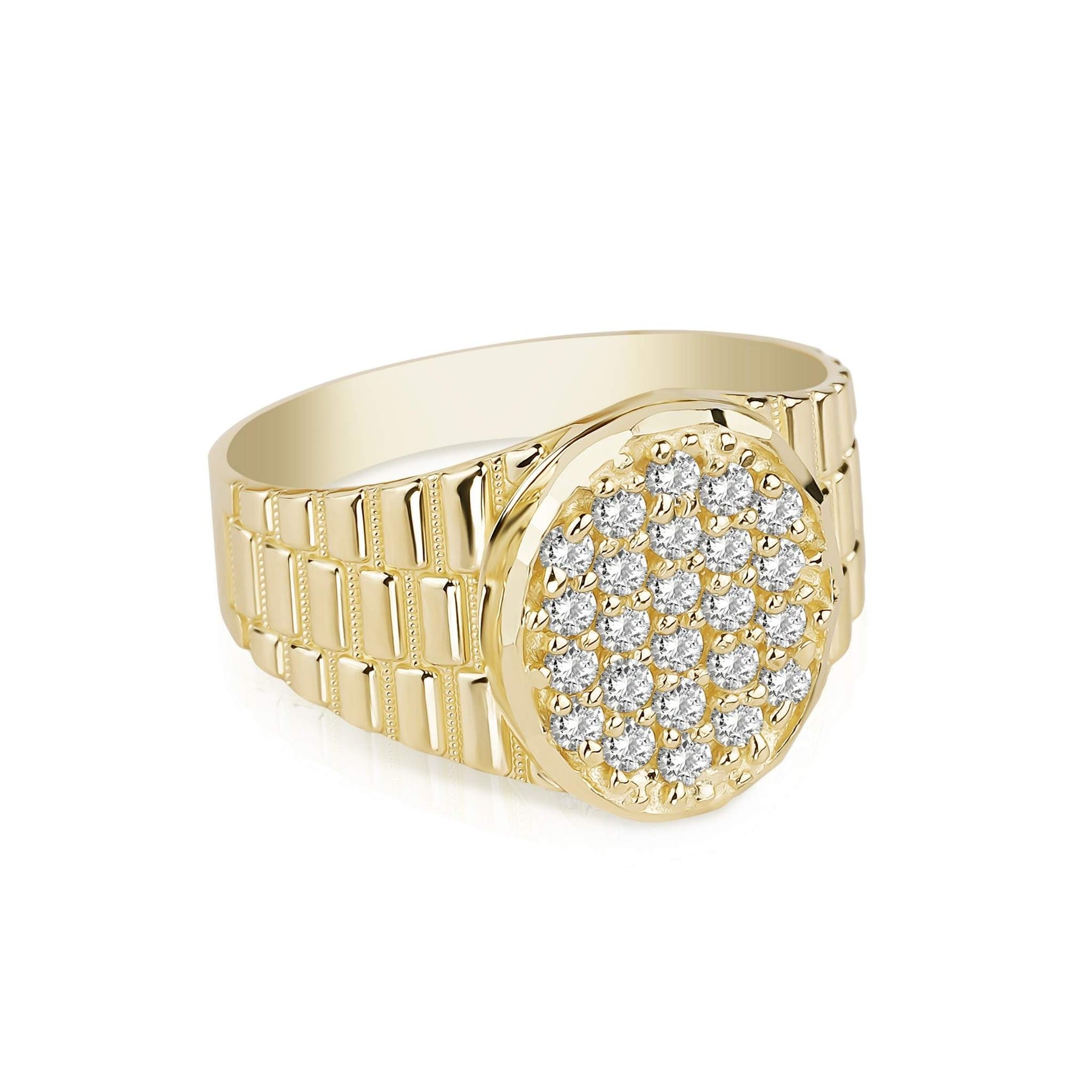 Men's 10k yellow gold pavé cubic zirconia oval signet ring with watch-link band.