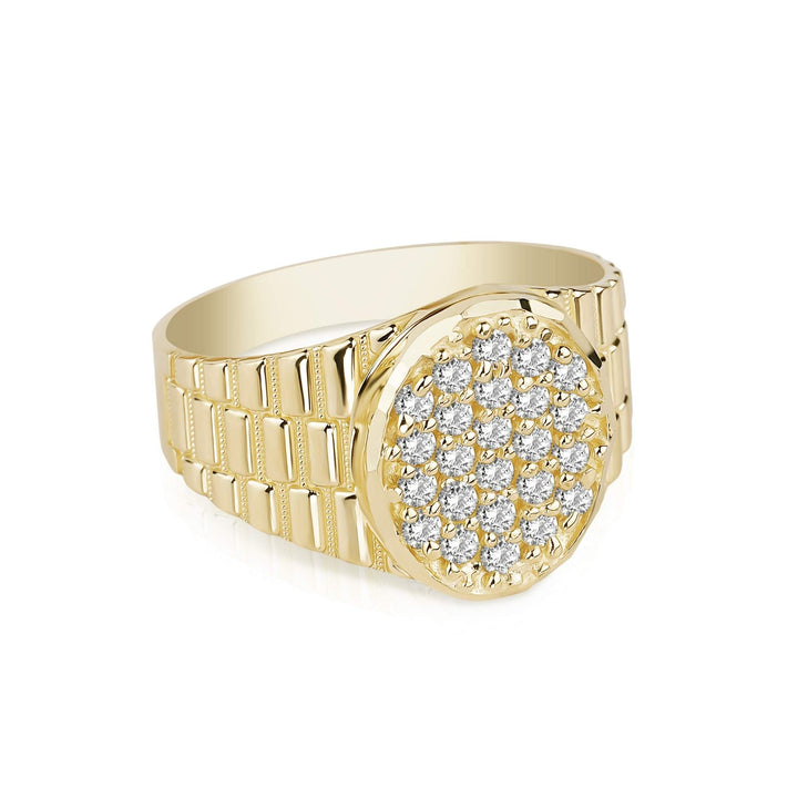 Men's 10k yellow gold pavé cubic zirconia oval signet ring with watch-link band.